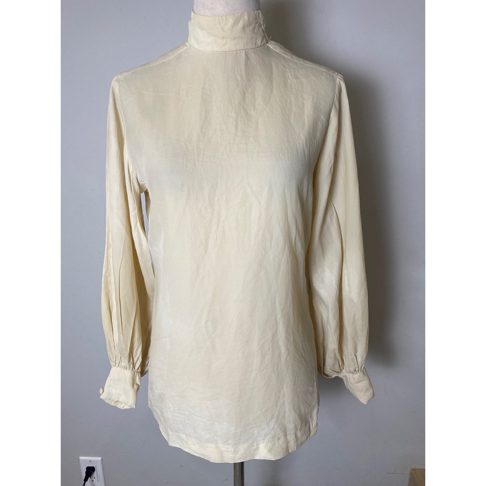 Vintage 40's/50's High Neck Blouse Cream Bishop Sleeve Button Back Top Basic S